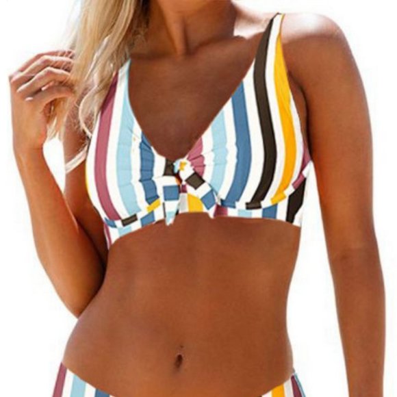 White/Red/Blue/Yellow/Black Multicolored Striped Tie Bust Bikini Top - Picture 1 of 14